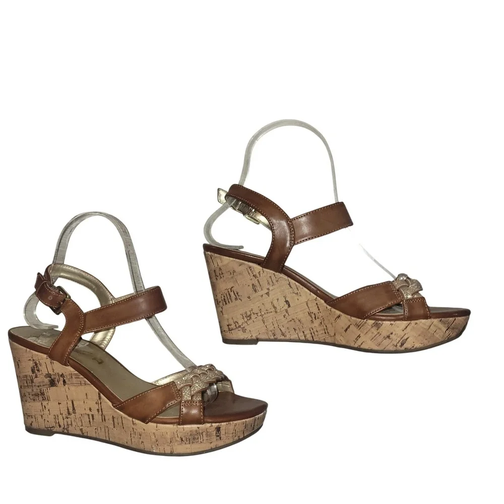 Unisa‎ Women's Brown Braided Strap Cork Wedge Sandals 7M beach casual sexy comfy